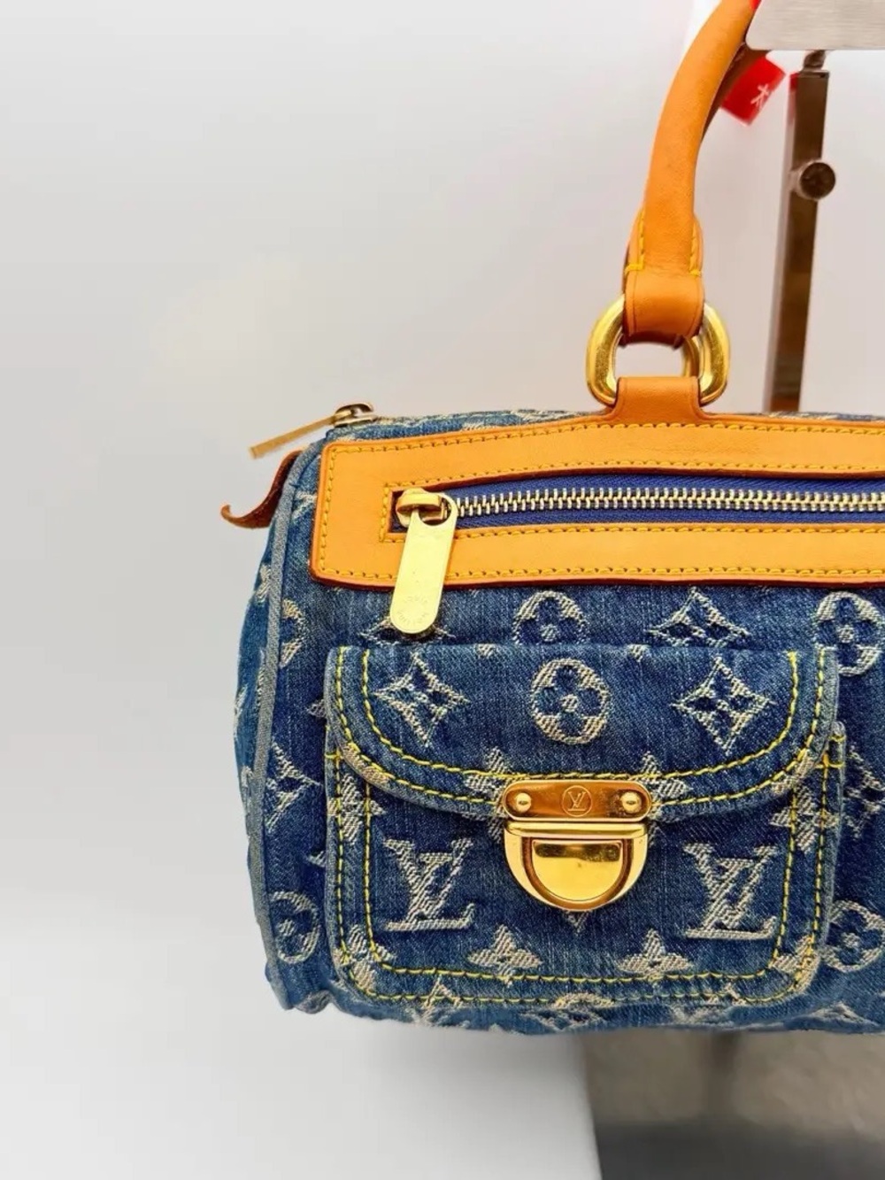 Vintage Louis Vuitton Blue Denim Monogram Mini Top-Handle Bag with Tan Trim